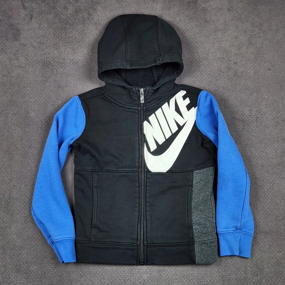 Nike Full Zip Hoodie Boys 4 XS Black Blue Gray Colorblock Graphic Swoosh
